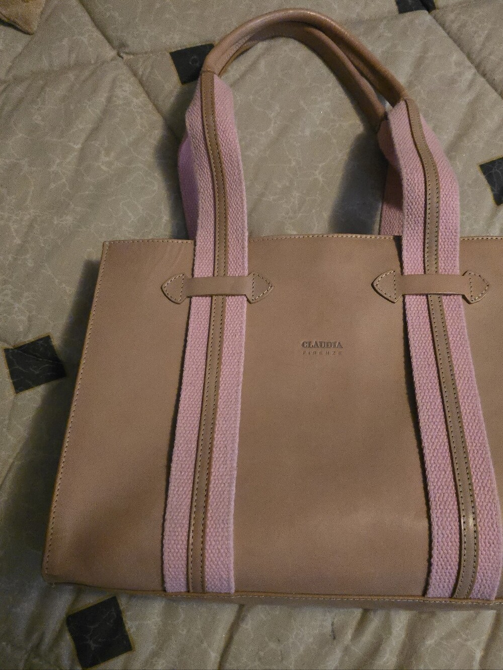 CLAUDIA FIRENZE -Tan Blush/ Pink Tote with Contrasting Pink Webbing Strap Straps